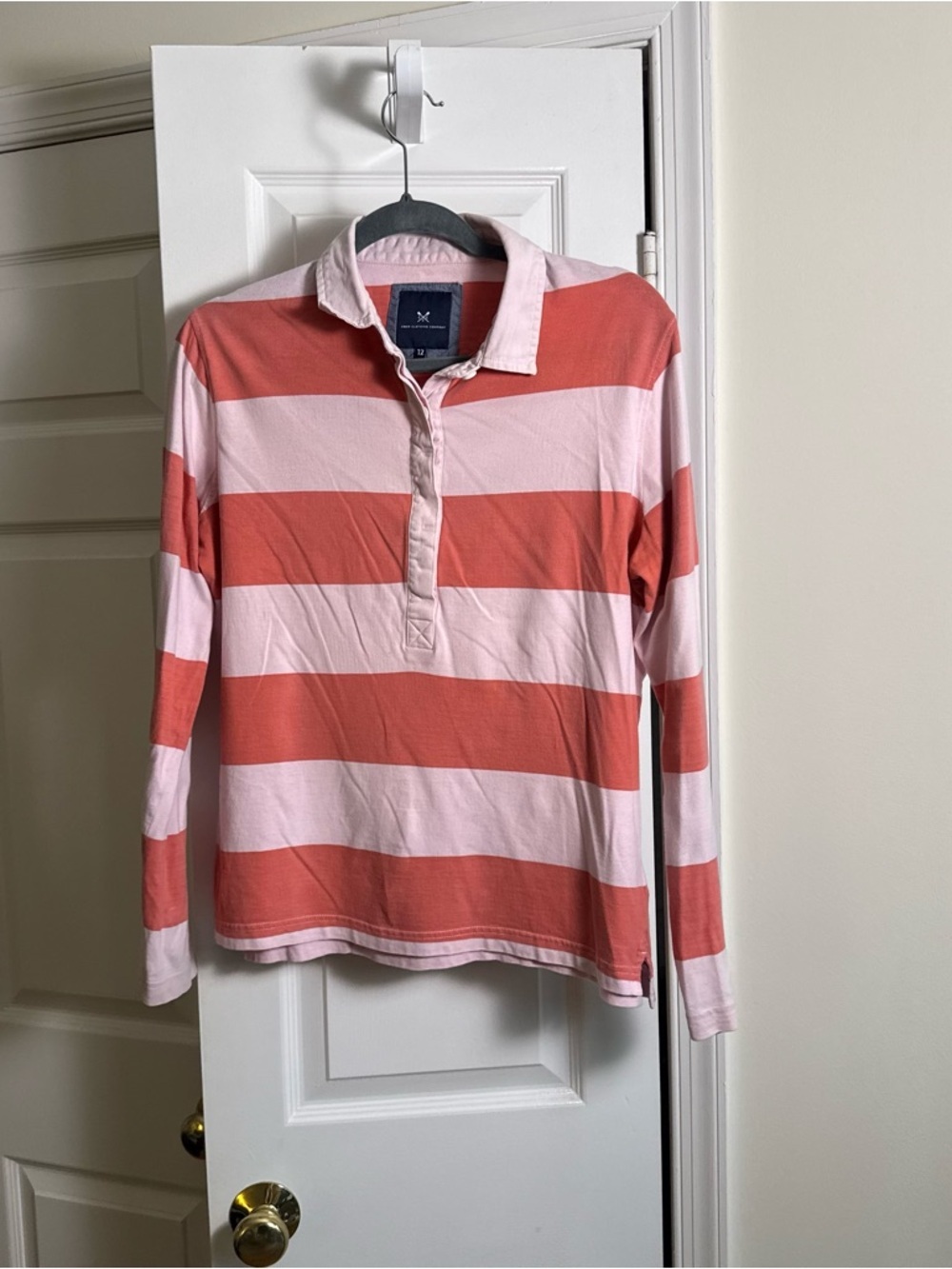 Crew Clothing Company Pink Orange Striped Rugby Shirt Preppy Coastal Top Size 12